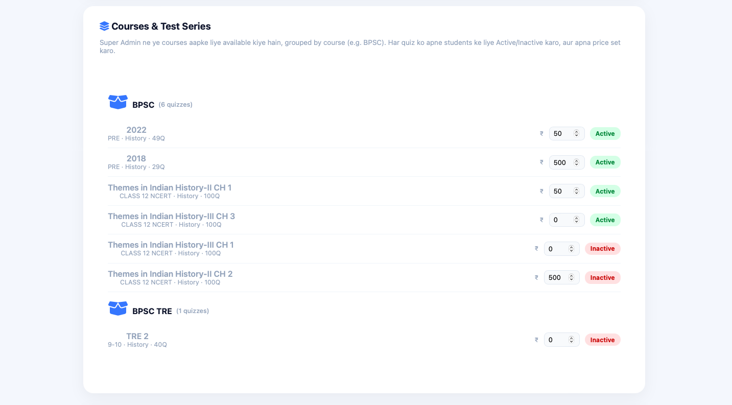 Course and test series controls with pricing