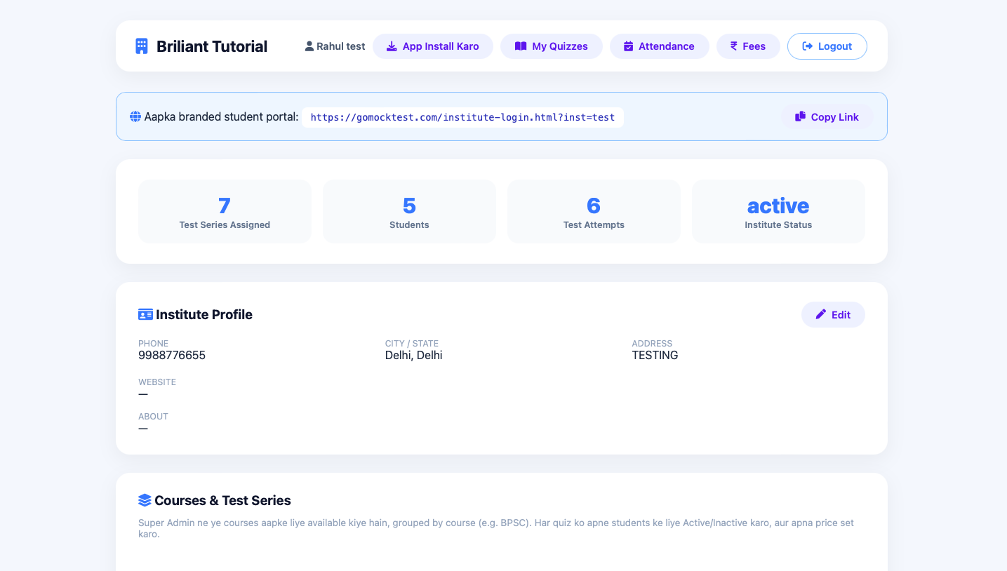Institute dashboard in Quizee