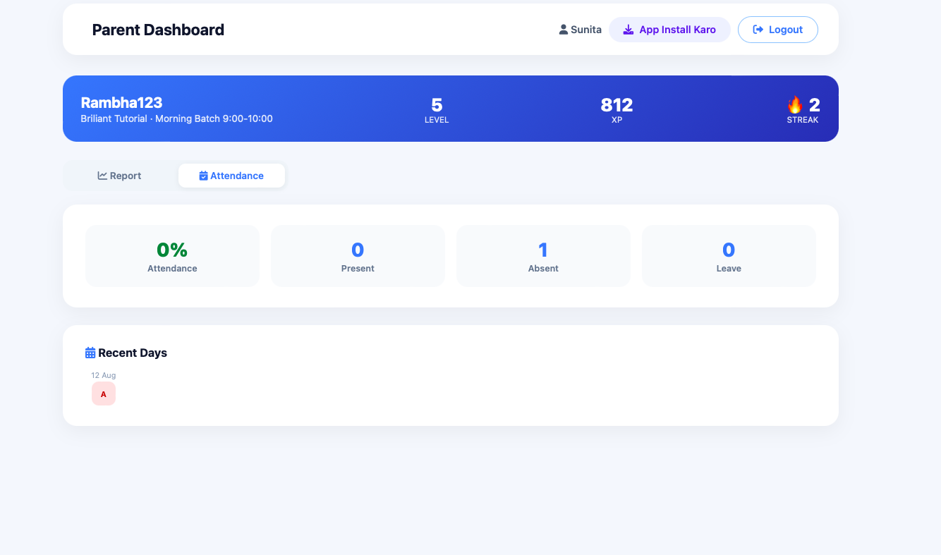Attendance percentage and recent days in the parent dashboard