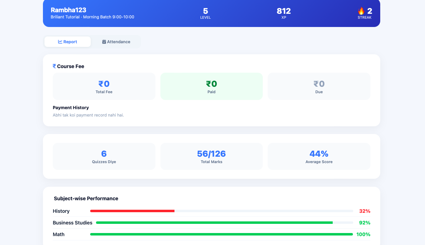 Course fee, paid and due amount in the parent dashboard